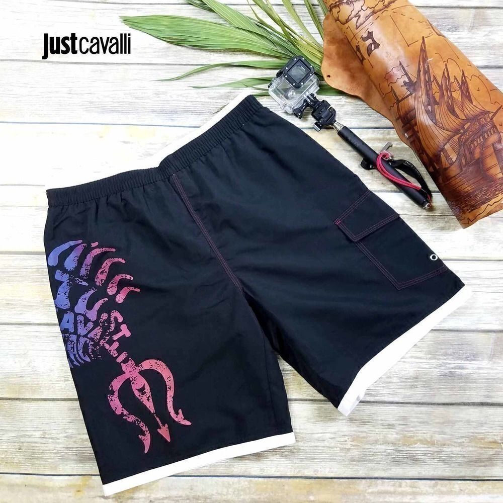 New Just Cavalli Men S / 48 Black Printed Beach Swim Shorts Boardshorts Trunks